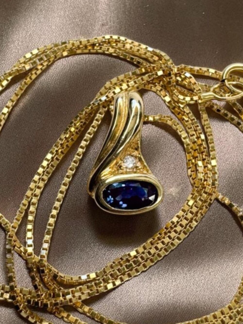 VINTAGE 14K Gold Natural Ceylon Sapphire & Diamond Necklace 20" ONE OF A KIND
